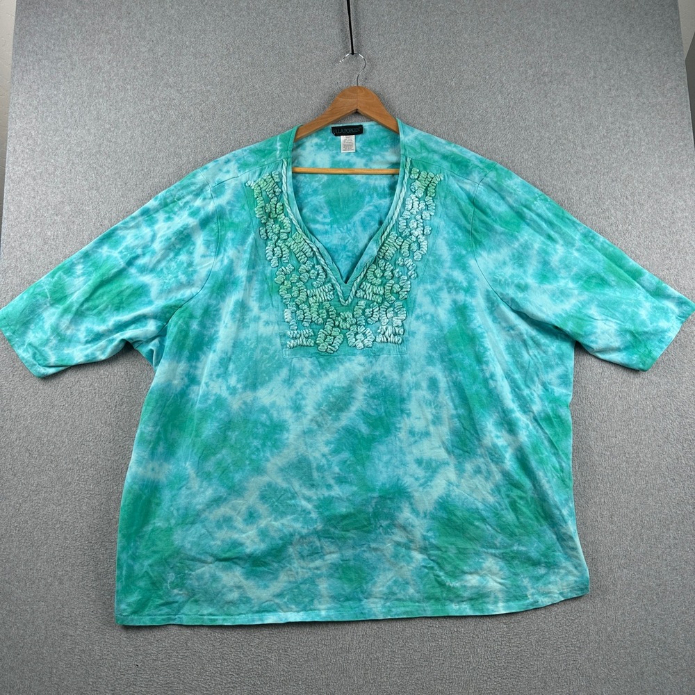 Ulla Popken Top Womens 32/34 42537 Teal Green Tie Dye Embroidered Plus Size
